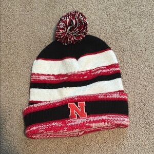 Black and White Striped Knit Hat with Pom